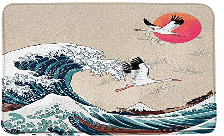 Bioputty Great Wave Japanese Kanagawa Ocean Boat Japan Mount Fuji Sea Waves Full Moon Red Sun Crane Durable Doormat Indoor Outdoor Entrance Door Mat Bath Rug Mats 16 x 24 Inch
