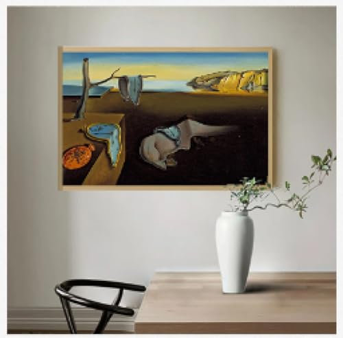 Leinwanddruck, Gemälde, Kunst, Wandbilder für Wohnzimmer, Heimdekoration, Salvador Dali, die Beständigkeit der Erinnerung, Uhren, surreal, 75 x 125 cm, mit goldenem Rahmen