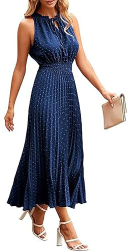 ONAYEYO Damen Sommer Plissee Lang Kleid V Ausschnitt ärmellos Schweizer Punkt Sommerkleid Elegant Hohe Taille Abendkleid Midikleid Casual Einfarbig Strandkleid (XL, Dunkelblau)