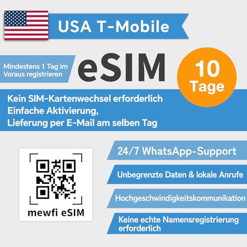 USA eSIM T-Mobile 10 Tage, Aktivierung erforderlich, USA-SIM-Karte für eSIM-kompatible freigeschaltete Geräte, unbegrenzte Daten und Ortsgespräche, 4G/5G Hochgeschwindigkeits-Kommunikationsnetz