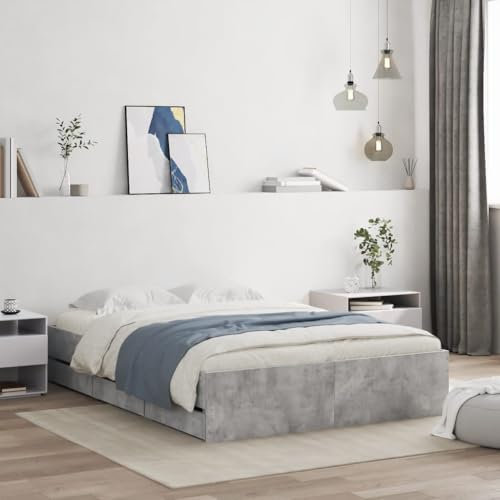 vidaXL Bed Frame with Drawers - Concrete Grey Engineered Wood 120x200 cm - Plywood Slats, Bedroom Storage Solution