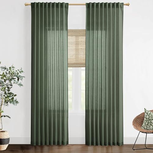 SHINELAND Lichtfilternde, durchsichtige Vorhänge, 274,3 cm lang, Erdton, erdig-grünes Leinen, MCM Mid Century, moderne Vorhänge für Wohnzimmer