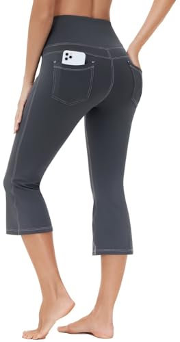 BAYGE Damen Bootcut Yogahose 3/4 Hight Waist Wasserdicht Blickdicht Bauchkontrolle Slim Fit Flared Leggings Jeggings Schlaghose Sweathose Sporthose Arbeitshose Fitnesshose mit Taschen, Grau, L