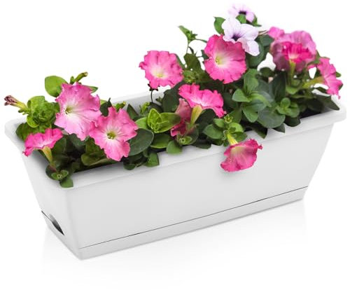 DKIEI 5 Pcs Large Flower Planter Outdoor Plastic Vegetable Plant Pot With Drainage Holes & Tray, Rectangle Trough Planters For Succulent & Herbs, Window Long Pots For Balcony (Pale 42.5 * 17 * 15Cm)