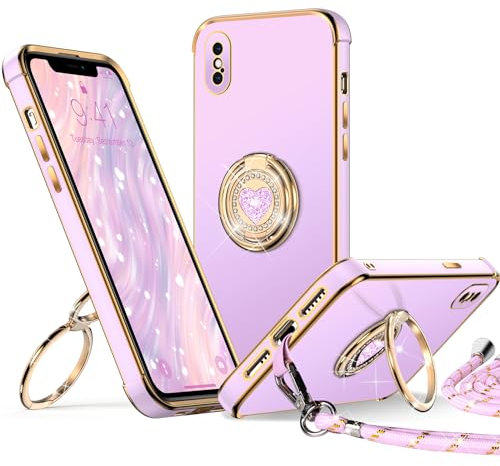 XYZ for iPhone XR Case with Stand, Heart Lanyard for Girls Women, Luxury Cute Bling Protective Cover for iPhone XR, Purple