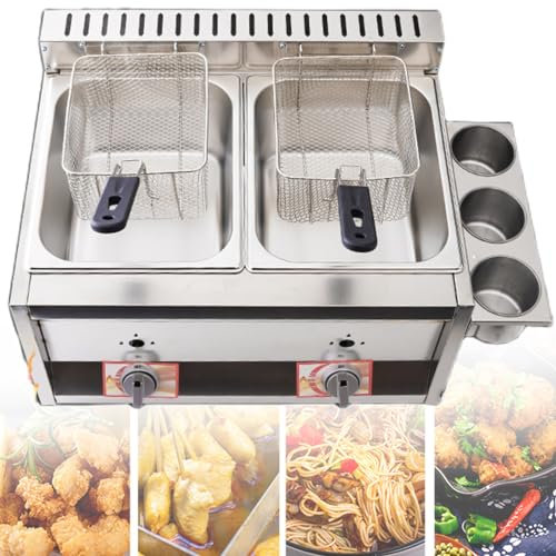 Freidora comercial de gas de acero inoxidable, freidora de gas de mesa, con control de temperatura y cesta de aceite desmontable, adecuada para bares de comida rápida,Doublecylinder