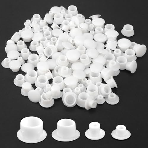 Jeinbuil 120 Pièces Cache Trou Meuble Blanc Cache Trou Bouchon Plastique Bouchons de Trou Meubles pour Trous de Perçage, Cache-vis Ronds pour Meuble Étagères Armoires (5mm/6mm/8mm/10mm)
