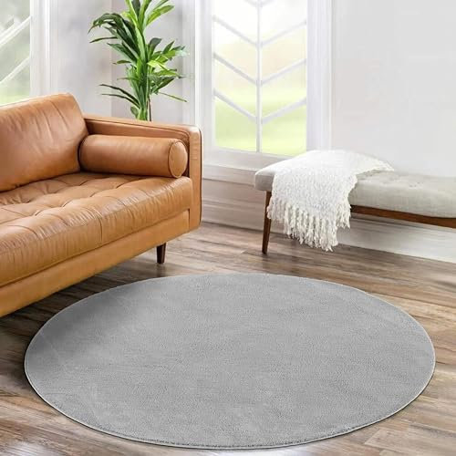 Jimri Flauschiger Teppich Läufer - Hochwertiger Kurzflor für Zuhause, Büro, Küche, Eingang, Flur, Wohnzimmer - Maschinenwaschbar - Rutschfester Teppich Waschbar - 120 cm Rund - Silber