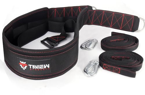 TAVIEW Schlitten-Zuggürtel mit verstellbarem Verschluss, 2-Schlitten-Zuggurte.4 Haken – ideal für Widerstandstraining, Kraft, Agilität und multidirektionales Ziehen (Schwarz&Rot)