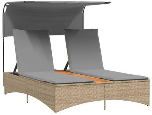 vidaXL Doppel Sonnenliege, Gartenliege mit Dach Auflagen, Doppelliege für Außenbereich, Relaxliege Sonnenbett Gartenmöbel, Beige Poly Rattan