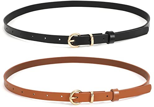 WHIPPY 2er-Pack dünner Damen Ledergürtel schmaler Taillengürtel schmal Gürtel mit goldener Kreisschnalle für Kleid Hose Jeans,110cm schwarz/braun