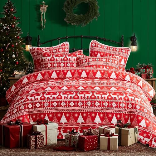 Luofanfei Weihnachten Bettwäsche 135x200 Rot Rentiere und Schneeflocke Muster Weihnachtsbettwäsche Set Weich Kuschelige Microfaser Weihnachts Motiv Bettbezug mit Kopfkissenbezug 80x80 cm