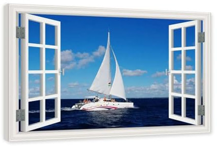 JZSDGB Quadri Moderni Soggiorno con Finestra, Barca a vela sul mare A-12, Immagini Natura Stampa su Tela, Quadri Paesaggi su Tela, Immagini Natura Stampa su Tela Cornice Interna 70x105cm