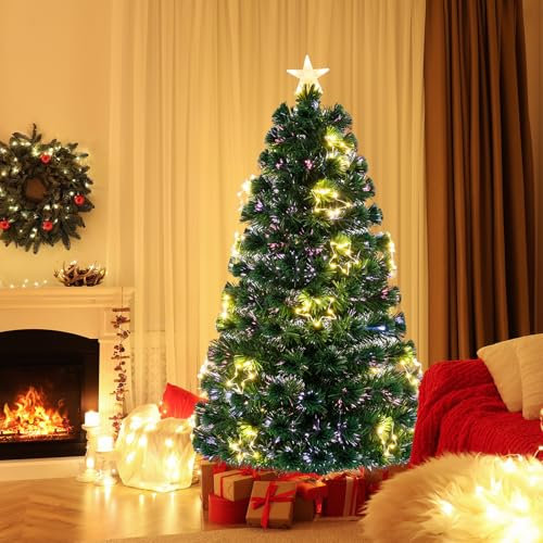 COSTWAY Sapin de Noël Artificiel à Fibre Optique de 150 cm, Guirlande Lumineuse, 24 Lumières Blanches Chaudes, 170 Pointes de Branches, Etoile Supérieure, Support en Métal, pour Maison, Bureau