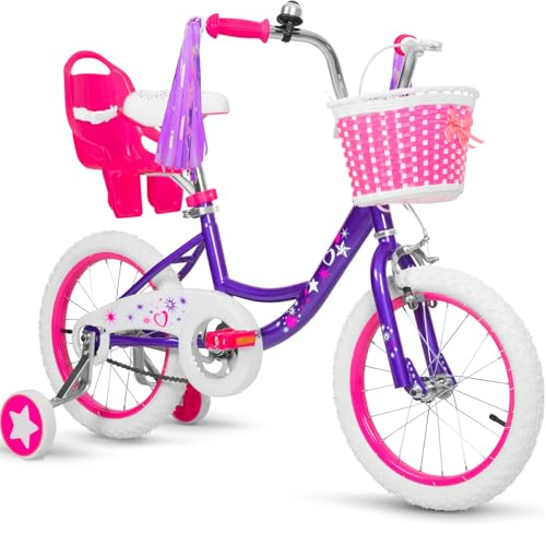 WEIZE Girls Bike for 3-5 Years Old Kids, 14 Inch Kids Bike with Training Wheels, Streamers, Basket and Doll Seat, Children Bicycles with Coaster Brake, Multiple Colors