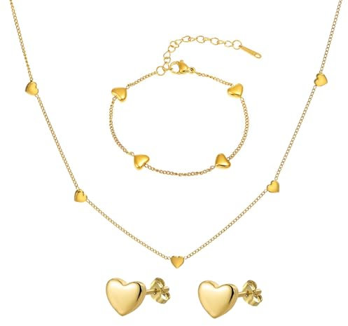 APMGONT Gold Herz Anhänger Halskette und Ohrstecker Damen Armband mit Herzförmigem Schmuckset für Frauen Herz Ohrstecker Ohrringe Gold Armband Herz Kette Herz Damen Halskette Geschenk für Damen
