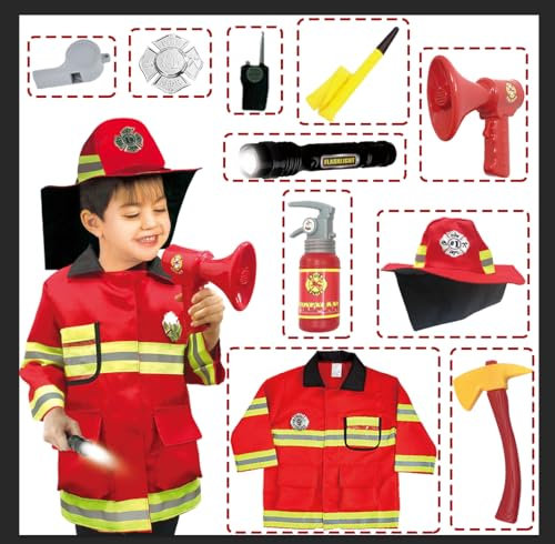 Kinfezlon Feuerwehr Kostüm für Kinder, Waschbares Feuerwehrmann Rollenspiel Set Mit Feuerlöscher, Helm, Walkie-Talkie Spielzeug, für 3-5+ Jahre