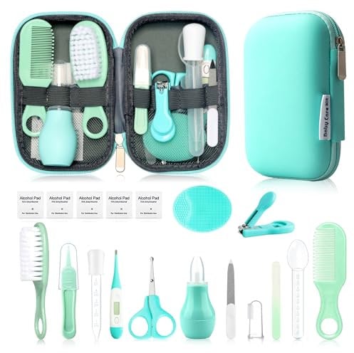 Kit de soins de santé et de toilettage pour bébé avec brosse à cheveux, peigne et coupe-ongles, kit essentiel pour nouveau-né filles garçons (vert 18 en 1)