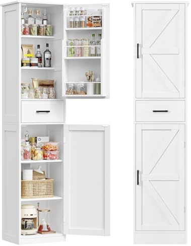 TEENFON Credenza Cucina Alta e Stretto, Mobile Dispensa Cucina 2 Ante e 1 Cassetto con Ripiani Regolabili e Portaspezie sulla Porta, Armadio Multiuso per Cucina, Soggiorno, Bagno, 40x30x170 cm, Bianco