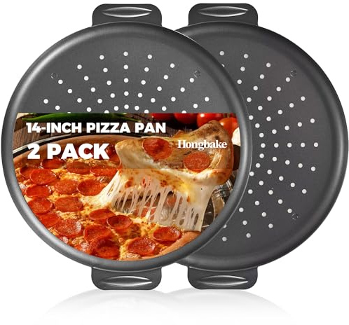 HONGBAKE 2 Pack Pizza Pan 14 Inch with Holes, Rust-Free Nonstick Pizza Pan for Oven, 0.8mm Carbon Steel Perforated Pizza Tray with Wider Handles, Round Baking Sheet for Frozen & Homemade Pizza, Grey