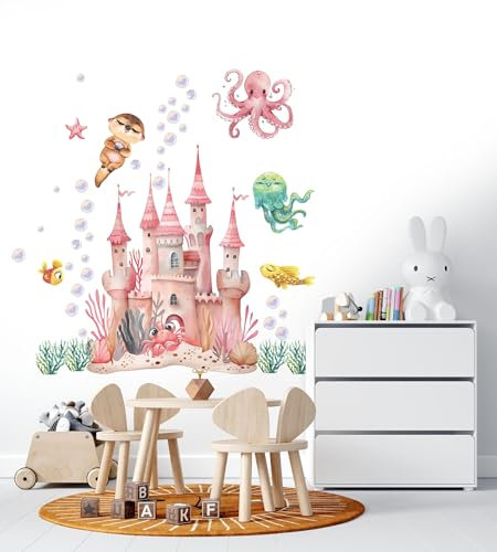 Meerjungfrau Wandtattoos für Kinderzimmer, Unterwasserwelt mit Schloss und Meerestieren, Pastellfarben, Dekoration für Mädchen, Ozean Sticker, zauberhafte Meerjungfrauen (Nur Meerjungfrauenschloss)