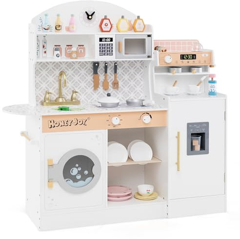 COSTWAY Kinderküche mit 27 Zubehör, Spielküche Holz mit Uhr Mikrowelle Spüle EIS- & Kaffeemaschine Geschirrständer und Waschmaschine, Spielzeugküche für Kinder ab 2 Jahren (Weiß)