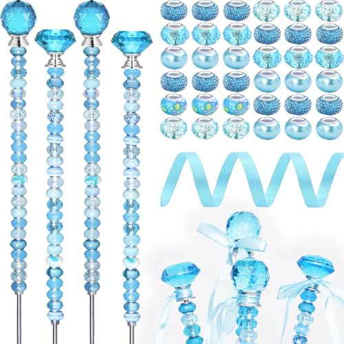 119 Stück Gartenstecker DIY Feenstab Pflanzenstecker mit blauen großen Loch Perlen Kristall Diamant Stopper Top 4 Edelstahl Gewindestange Perlen Gartenstecker für Außen Innen Hof Terrasse Dekorationen