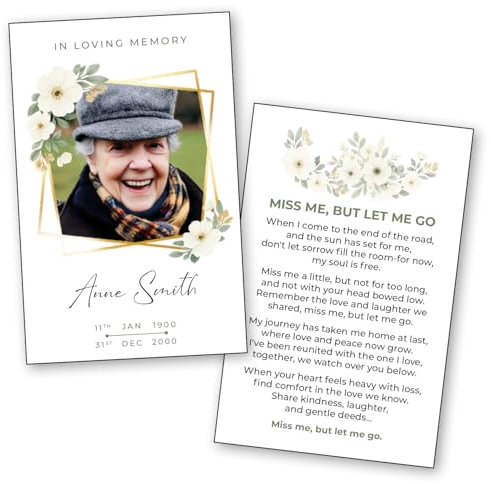 Memorial Funeral Wallet Prayer Cards. Personalised Double-Sided Memory Remembrance Card with Poem/Scripture. Laminated Premium Keepsake. Catholic/Christian/non-religious. 20/40/60/80/100. Templates