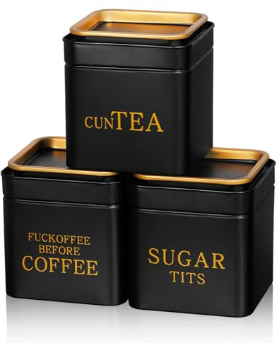 3 Piece Novelty Sugar Tea Coffee Canister Set Gifts Naughty Black Stainless Steel Containers Airtight Metal Coffee Jar with Gold Lid for Home Food Storage Flour Spice Kitchen Decor Cafe Accessories