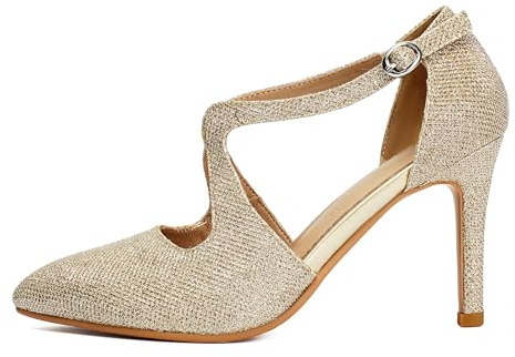 GYUBL Womens Glitter Dance Shoes Crossed Ankle Strap Pumps Latin, Salsa, Flamenco for Wedding Prom Party Evening,DS876-Gold-9.5,US 8