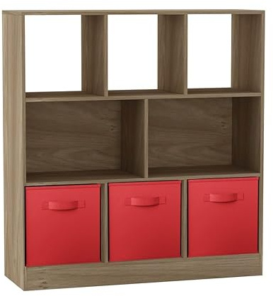 URBNLIVING Asymmetrical 8 Cube Oak Bookcase Storage Unit with 3 Fabric Drawer Inserts – Wooden Display Shelf for Home, Office, or Bedroom Organization Red