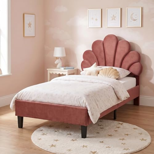 JYCRA Polsterbett Doppelbett 90 x 200 cm, Bettgestell mit Kopfteil in Blumenform Muschelform und Lattenrost, Samtstoff, für Erwachsenen Jugendbett, Mädchenbett (Rosa, 90x200 cm)
