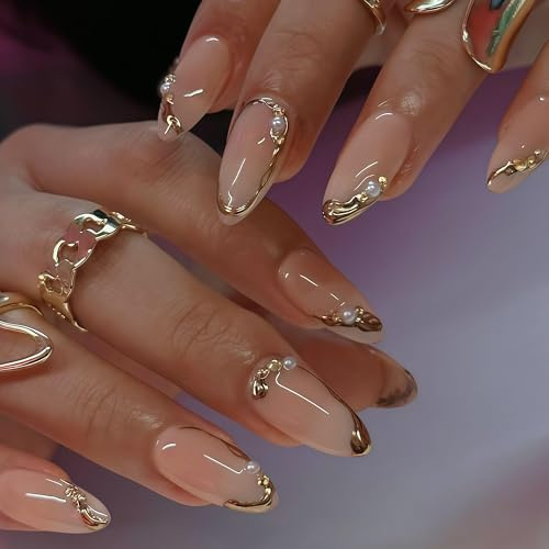 Auroriel 24 Pieces Almond Press On Nails French Tip with Gold Line Design Reusable Glossy Acrylic Full Cover Artificial Nails Medium Length Manicure Set