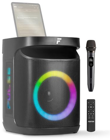Fenton Pulse65 Bluetooth Karaoke Speaker Bundle – Wireless Microphone, 140W Portable Party System, Splashproof, Rechargeable, LED Lights, 12hr Battery, Kids & Adults, Bluetooth 5.3, Smartphone Holder