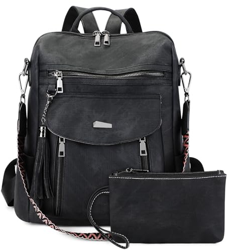 Sheonie Rucksack Damen mit Geldbörse,Veganes Leder Rucksackhandtasche Diebstahlsicher,Wasserdicht Tagesrucksack Damen Elegant Umhängetasche für Uni Büro Reise Pendeln Arbeit, Schwarz-M
