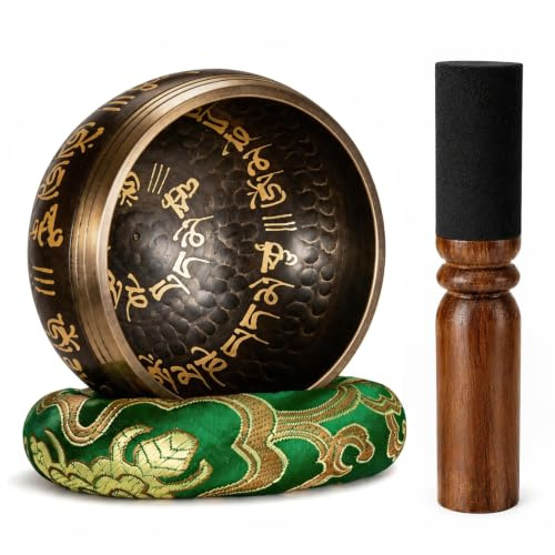 Kezidhp Klangschale, Klangschalen Set 8 cm Durchmesser mit Holzschlägel, Ringkissen und Aufbewahrungsbeutel, handgeschmiedete reine Messing Klangschale aus Tibet für Yoga, Meditation und Entspannung