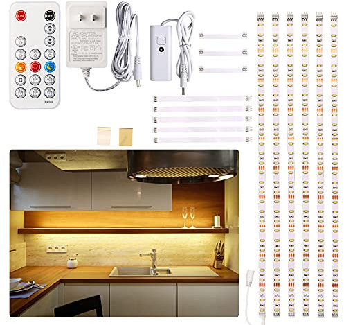 WOBANE Under Cabinet LED Lighting Kit, 6 PCS Dimmable LED Strip Lights with Remote Control Dimmer, 24W Adapter, Hidden 2700K Warm White Set, Bright 1500lm, Timing, Kitchen, Counter, Shelf, Showcase