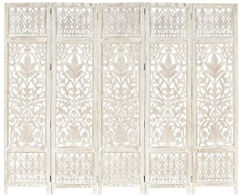 vidaXL Hand Carved Solid Mango Wood 5-Panel Room Divider, White Wash Finish, Decorative Privacy Screen, 200cm