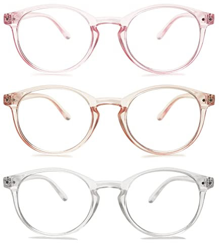 MAGIMODAC Damen Computer Lesebrille Blaulichfilter Leicht Rund Oval Lesebrillen Computerbrille mit Sehstärke Lesehilfe Sehhilfe(Rosa+Hellbraun+Transparent, 1.50)