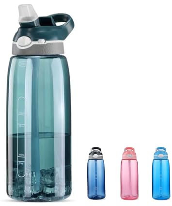 DEARART 1000ml bouteille d'eau cyan foncé avec paille, bouteille claire à l'épreuve de fuites BPA bouteilles d'eau gratuites, couvercle à rebondissement a une poignée à une main facile à transporter