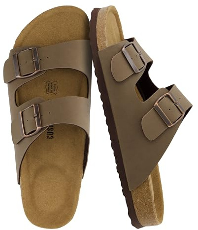CUSHIONAIRE Lane Cork Footbed Mens Sandals, Adjustable Buckle Comfort Slides for Men, Genuine Leather Insole Summer Sandals Men Footwear, BROWN 10