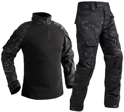 Czen Herren Tactical Shirt Militär Hemden Langarm Shirts Hosenanzüge Airsoft BDU Shirt Paintball Camouflage Outfit (BlackCp, L)