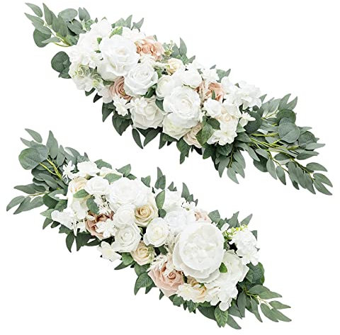 perfk 80 Cm Fiori Artificiali, Addobbi Matrimonio, Rose Finte per Decorazioni, Hanging Artificiale Floreale Swag Artificiale Rosa Rattan Ghirlanda Matrimonio Arco Fiori per Giardino Sfondo, Bianco