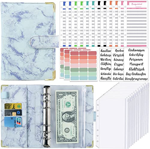 A6 Binder Budget Planner Deutsch: Geld Organizer Budget Planer mit 12 Binder Taschen, 12 Budgetblätter Deutsch, Etikettenaufklebern Sparbuch für Reisen,Tagebuch und Geschenk (Marmor Blau)