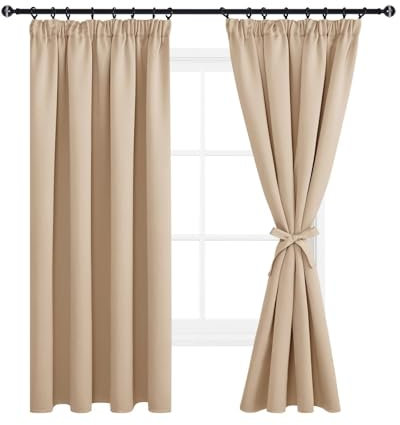 DWCN Gardinen Blickdicht 2er Set Beige Vorhänge mit Kräuselband Verdunkelungsvorhänge Schlafzimmer H 175 x B 140, Kurze Gardinen Wohnzimmer Vorhänge Blickdicht Hellbeige mit Vorhang-Krawatten