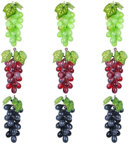 Molyorch 9 Pièces Grappe Raisin Artificielle Réaliste, Raisin Artificiel et Vigne, Décoration Raisin, pour Décoration de Vin, Appui Verticaux Artificiels de Fruit (18 Raisins)