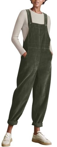 Odizli Latzhose Damen Herbst Winter Warm Cord Overall mit Taschen Lang Cordhose Jumpsuit Playsuit Arbeitslatzhose Große Größen Loose Fit Hoseanzug Romper Grün XL