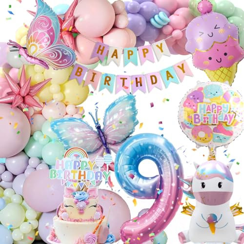 9 Jahre Geburtstagsdeko Mädchen, Deko Luftballons Kindergeburtstag, Einhorn Kindergeburtstag Deko, 9 Jahre Happy Birthday Deko, Einhorn Schmetterling Folienballon Geburtstag Deko für 9 Jahre Mädchen