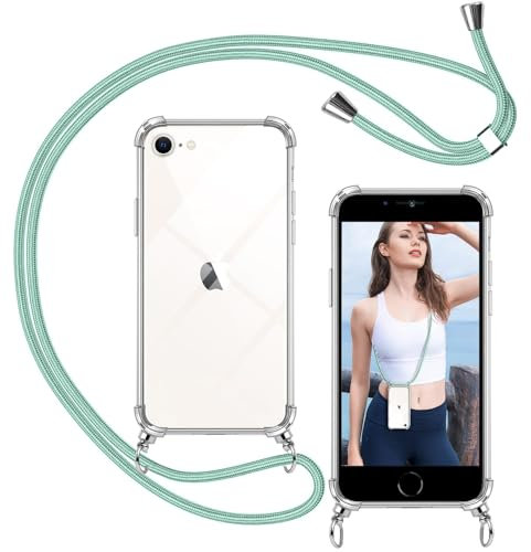 ISOI - Funda con Cuerda para iPhone 7/8/iPhone SE 2020/2022, Colgante Ajustable Collar Correa, Carcasa Transparente Cordón Suave TPU Silicona, con Parachoques de Airbag a Prueba de Golpes- Verde