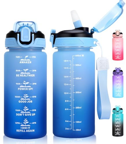 SUPPRUI Kids Water Bottle With Straw, 600ml Toddler Drinks for School, Leakproof BPA-Free Tritan Motivational Drink Bottles for Girls Boys (Blue)